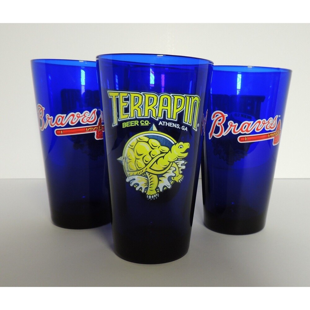 Set of 4 Colbalt Blue Pint Glasses w/ Braves and Terrapin Brewing logos RARE